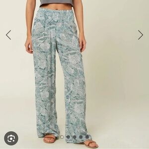 O'Neill Women's Wide Leg Palm Print Pants in Teal and White